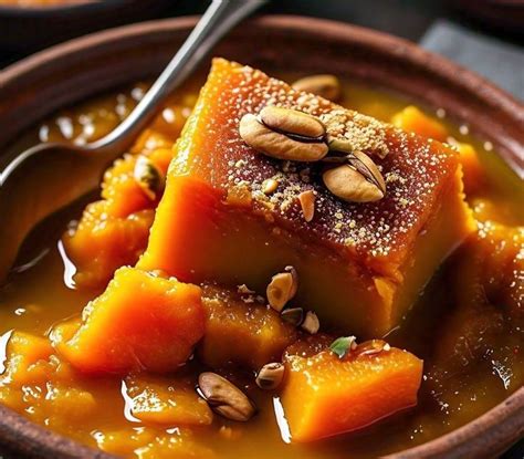 Primer plano de trozos de calabaza cocida en almíbar, adornados con nueces picadas.