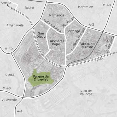 Mapa de Madrid destacando la zona de Villa de Vallecas y rutas de entrega a domicilio.