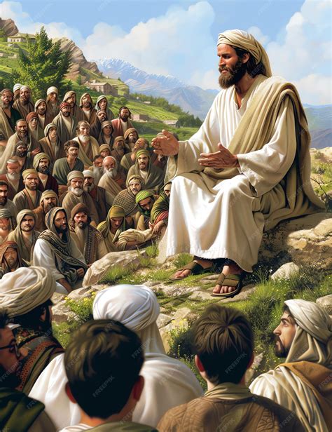Ilustración de Jesús enseñando a las multitudes en una ladera de montaña, con los discípulos cerca.