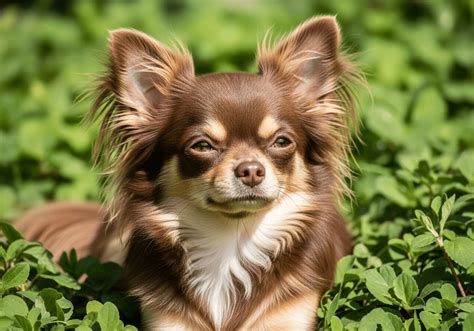 Fotografía de un chihuahua color chocolate con blanco destacando su pelaje brillante y sus ojos expresivos