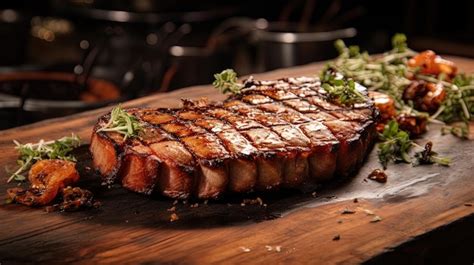 Fotografía gastronómica mostrando piña a la parrilla servida como acompañamiento de un plato principal de carne.