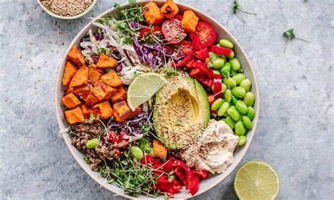 Infografía que muestra la composición ideal de un bowl: 50% verduras, 25% proteínas y 25% hidratos de carbono completos