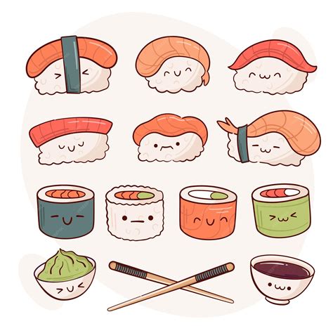 Ilustración de personajes de estilo Kawaii, incluyendo serpientes y sushi, para representar el juego 