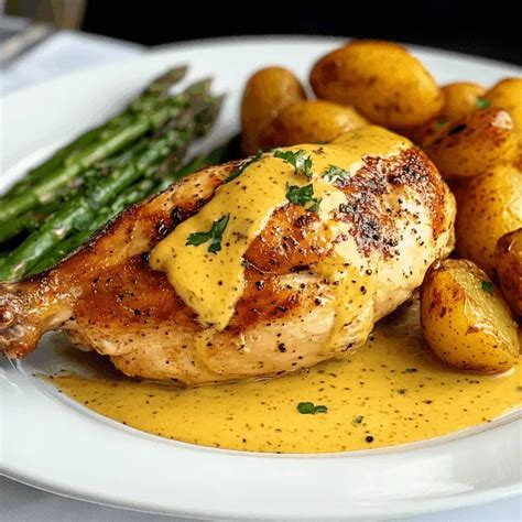 Fotografía gastronómica de pollo a la mostaza servido con guarnición de papas o arroz