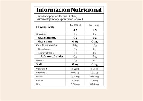 Tabla nutricional de un batido de leche de soja con nueces y plátano.