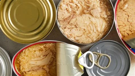 variedad de latas de atún en estantería de despensa, diferentes tipos de aceite y conservas