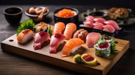 Variedad de piezas de sushi casero en una tabla