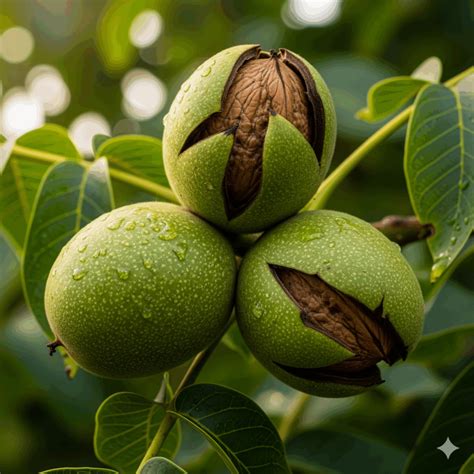 Ilustración de un nogal y sus frutos (nueces)