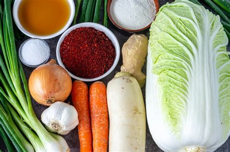 Ingredientes coloridos para la preparación del kimchi casero