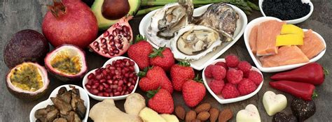 Infografía mostrando varios alimentos afrodisíacos como ostras, fresas, chocolate y aguacate.