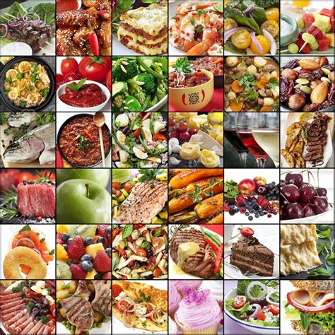 Collage de diversos alimentos escabechados (pescados, carnes, verduras)