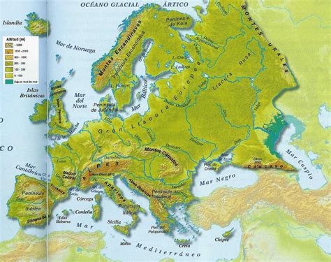 Mapa geográfico de Europa con sus principales accidentes geográficos y países.