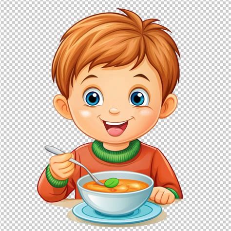 Ilustración de un niño sonriente comiendo un plato de crema de espinacas verde.