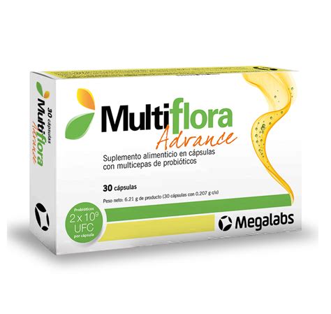 Esquema visual que muestra la composición de Multiflora Plus, resaltando las cepas probióticas y los fructooligosacáridos (FOS) como prebióticos en una cápsula.