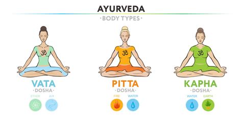 Diagrama simplificado de los doshas (Vata, Pitta, Kapha) y sus características.