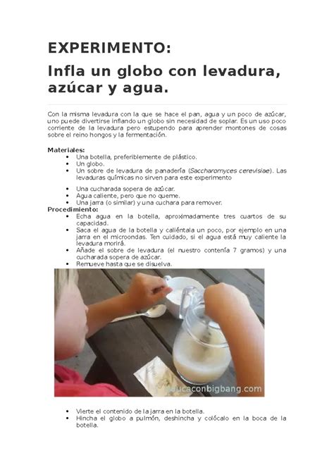Diagrama de un experimento simple con levadura, azúcar, agua y un globo inflado.