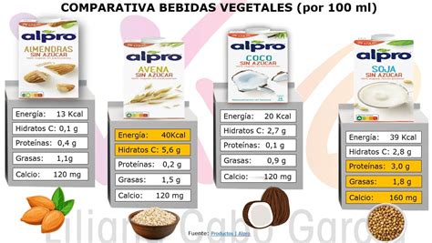Infografía comparativa de bebidas vegetales: avena, almendra, soja, coco, arroz.