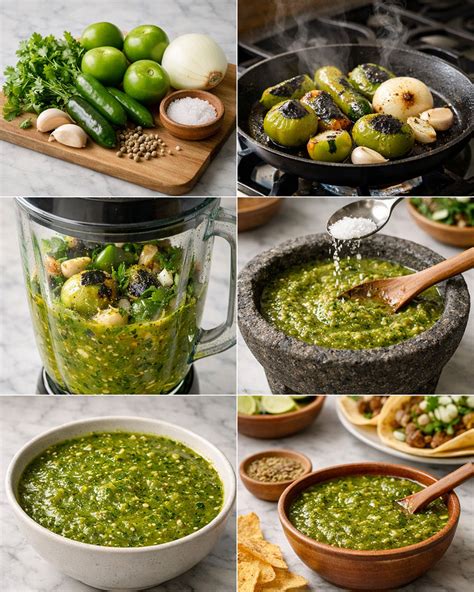 Vegetales (tomatillos, chiles, ajo, cebolla) asándose en un comal o sartén hasta quedar carbonizados.
