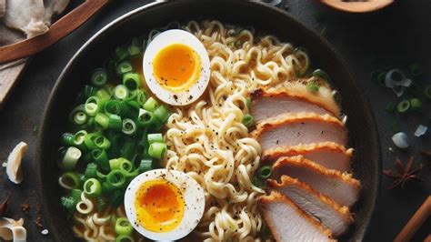 Foto de un plato de ramen instantáneo con vegetales frescos y proteínas añadidas
