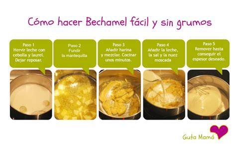 Infografía mostrando los pasos para hacer una bechamel suave y sin grumos.