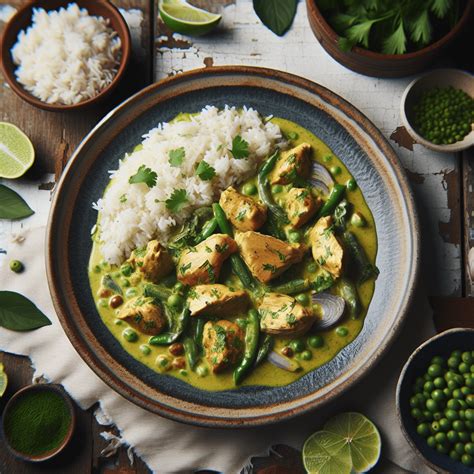 Un plato servido de curry verde tailandés con arroz jazmín y decorado con cilantro fresco