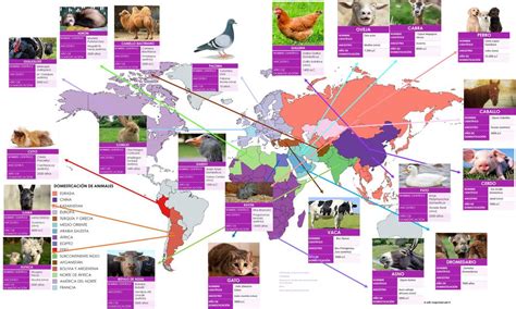 Mapa ilustrando las regiones de domesticación de los principales animales productores de leche.