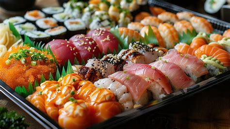 Imagen de una gran bandeja de sushi con varias combinaciones