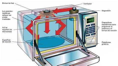 Ilustración de un microondas con sus funciones básicas: descongelar, calentar, cocinar.