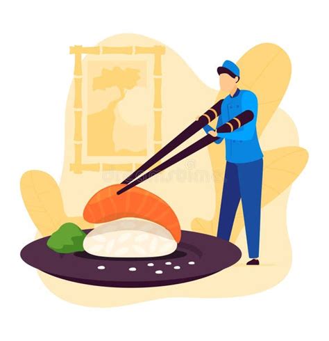 Ilustración de un sushiman preparando un rollo de sushi