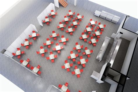Diseño de un comedor industrial, destacando la separación del área de trabajo, mobiliario lavable y zona de higiene.