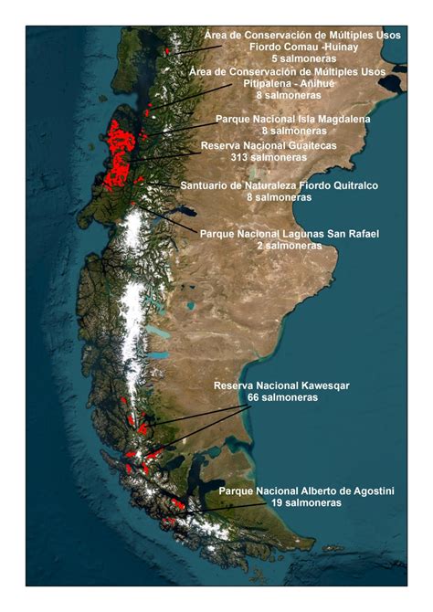 Mapa de concesiones salmoneras y áreas protegidas en la región de Aysén