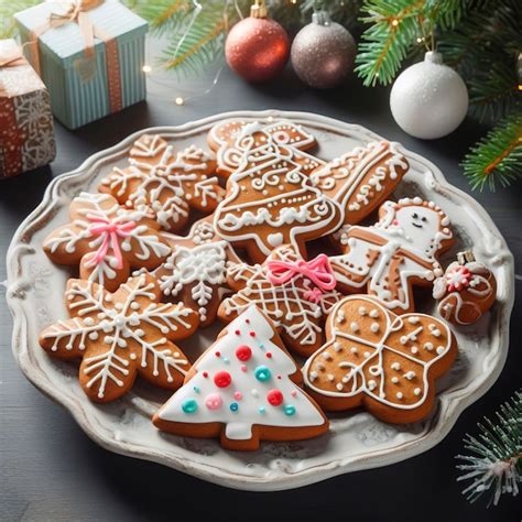 Plato con galletas de jengibre navideñas, decoradas festivamente
