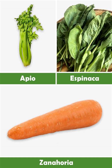 Un primer plano de los ingredientes frescos: zanahoria, espinaca y apio