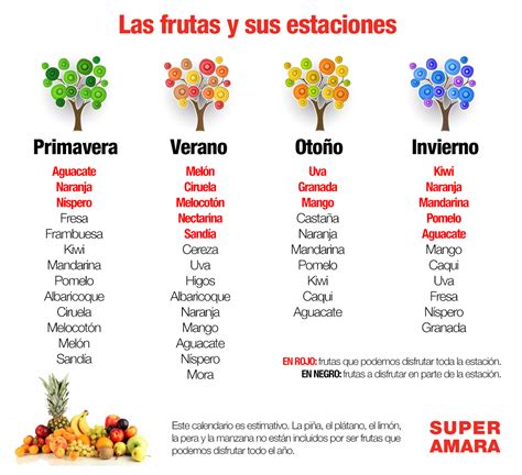 Infografía mostrando la variedad de frutas de temporada para cada estación del año.