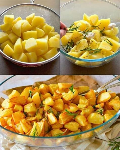 Variedad de patatas cortadas para asar al horno, mostrando diferentes cortes y tamaños.