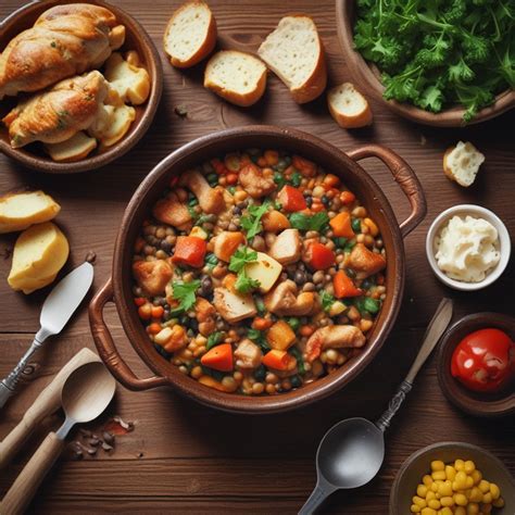 Fotografía de pollo y verduras dorándose en una cazuela grande.