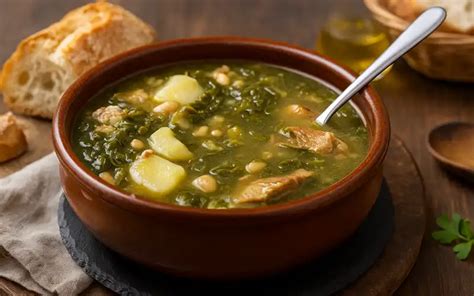 Fotografía de un caldo gallego tradicional con grelos y patatas