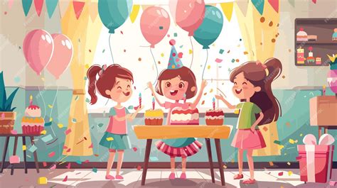 Ilustración de una sirena celebrando su cumpleaños con amigos marinos y un pastel.