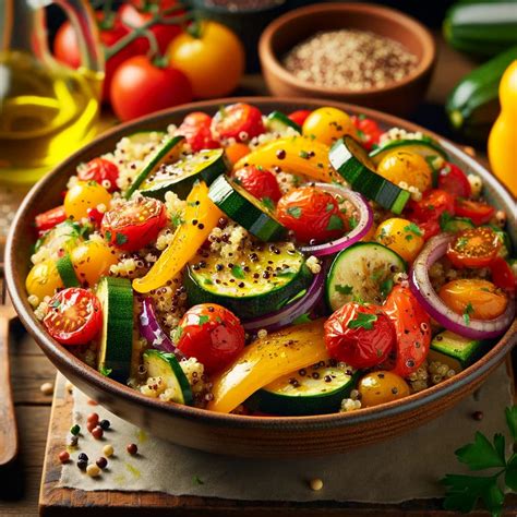 Ensalada de quinoa vibrante con verduras asadas y uvas pasas
