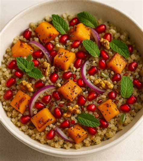 Ensalada de quinoa con calabaza asada y cebolla morada