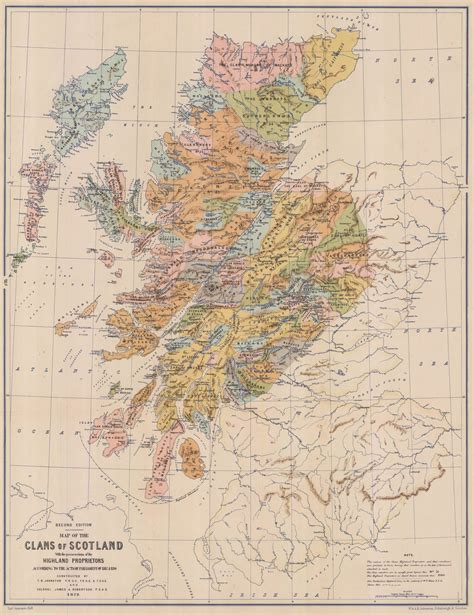 Mapa histórico de Escocia mostrando la distribución de los diferentes patrones de clanes según las regiones geográficas.