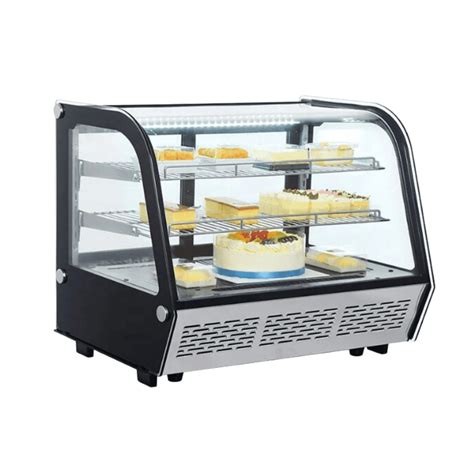 Esquema técnico de una vitrina refrigerada de sobremesa con sus componentes principales: termostato digital, iluminación LED y sistema de frío estático.