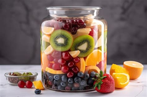 Imagen de un frasco de vidrio con capas de avena, leche, semillas de chía y frutas frescas como arándanos y fresas.