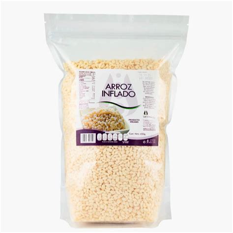 Esquema de composición básica: arroz inflado, agente aglutinante y saborizantes naturales.