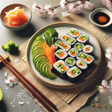 Plato variado de sushi vegano con ingredientes coloridos