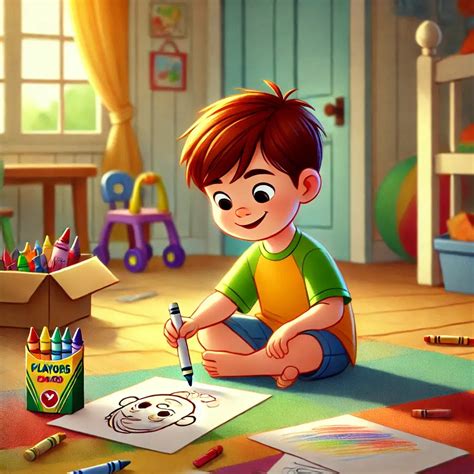 Niño coloreando dibujos de alimentos con una caja de lápices de colores