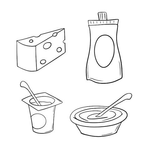 Varios dibujos de alimentos (leche, queso, yogur, mantequilla, batido, huevos) en estilo de dibujo para colorear