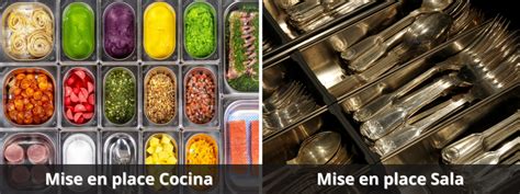 Infografía que explica el concepto de Mise en Place con ingredientes pesados y utensilios ordenados en una encimera