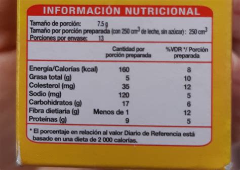 Tabla nutricional de Maicena Moka con detalle de grasas y vitaminas