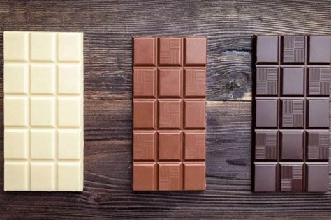 Ilustración comparativa de los tres tipos de chocolate: negro, con leche y blanco, destacando sus texturas y colores.